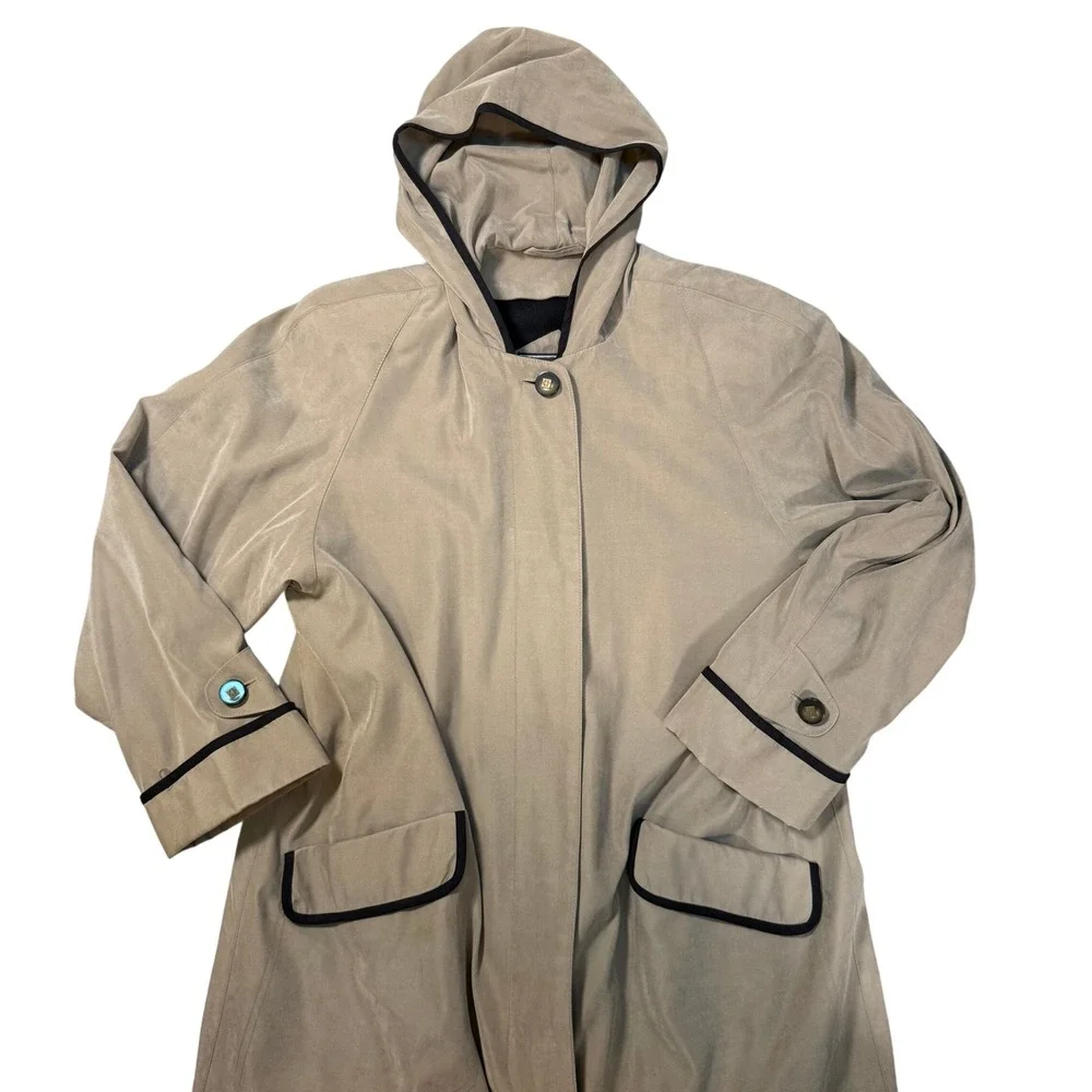 Vintage Tan Hooded Duster Coat Black‎ Piping Maxi Trench Dark Academia Size 10